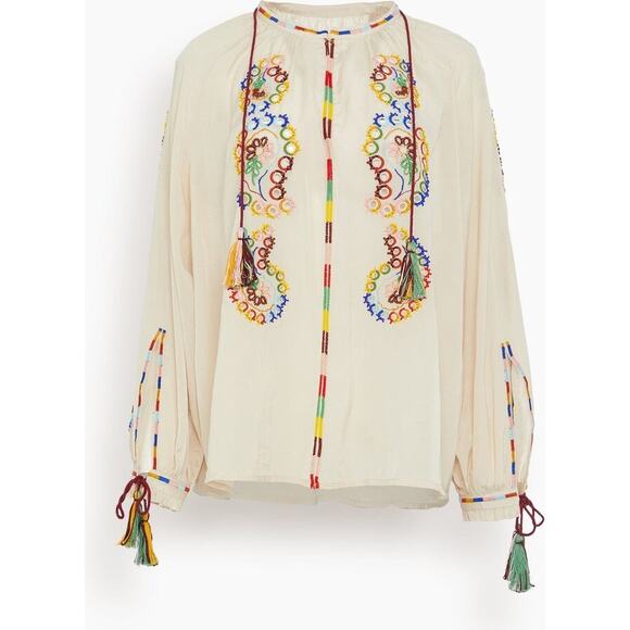 Fortela Ghodsi Tan Multicolor Beade Embroider Print Peasant Blouse 40 - Picture 3 of 16